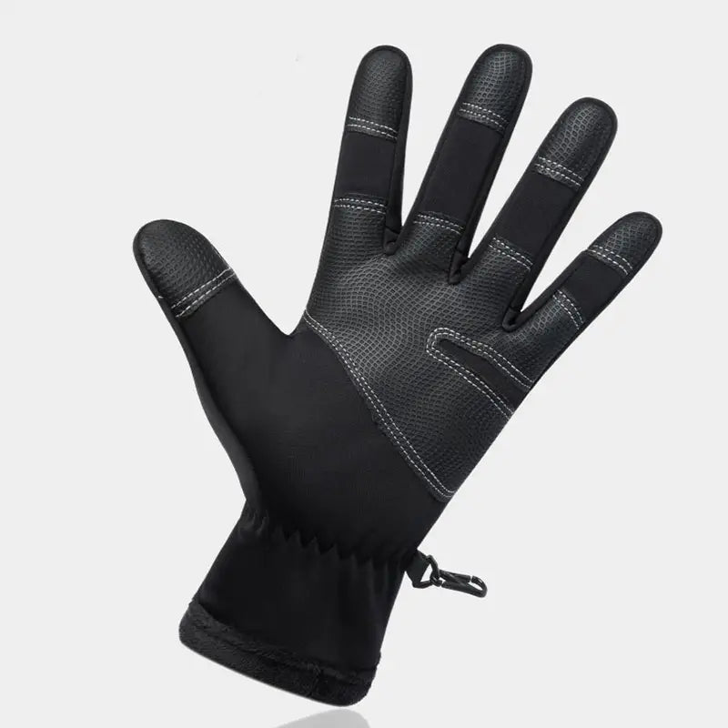Black waterproof touchscreen winter cycling glove with reinforced fingertips textured palm and a snug wrist cuff secured by a small zipper shown from the back side