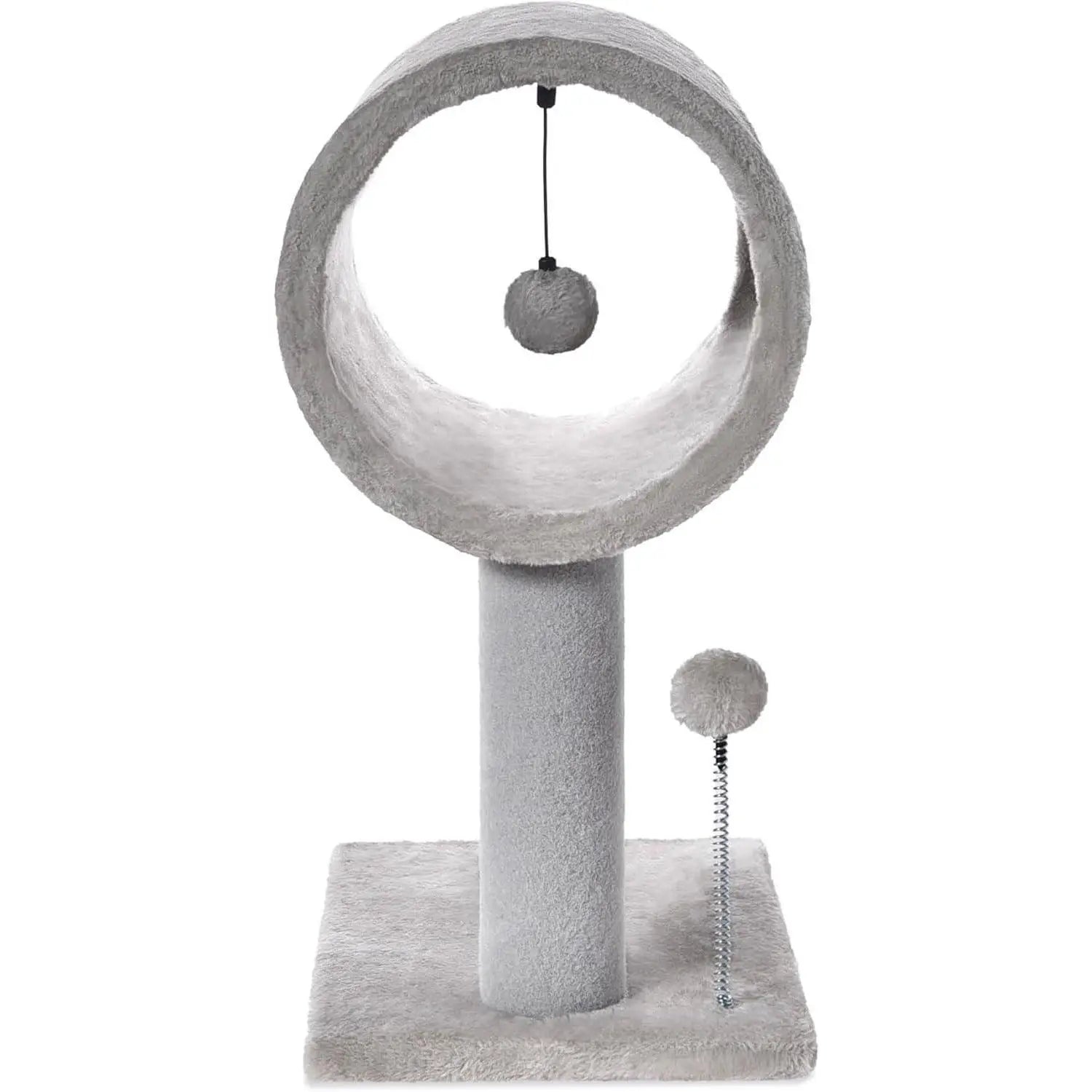 Gray cat tree with tunnel and scratching post featuring a plush circular platform, dangling ball toy, and spring-loaded pom-pom wand.
