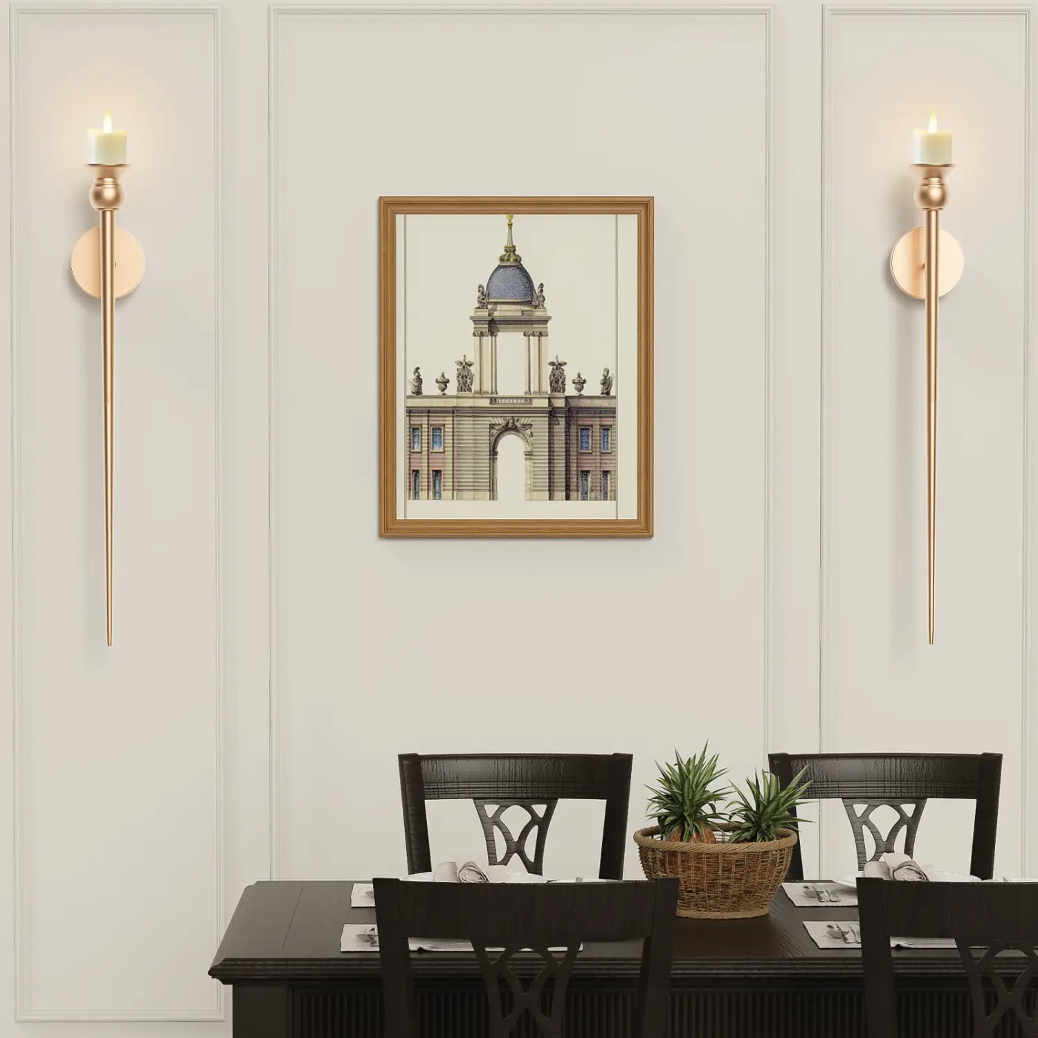 A gold wall sconce with a battery operated candle 33 inch featuring a framed architectural illustration of a grand building with a blue dome and classical statues in a light wood frame.
