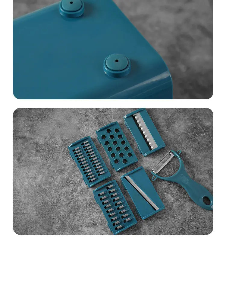 Trancheuse à légumes en plastique turquoise 5 en 1, multi-fonctionnelle, avec des lames interchangeables et un éplucheur pour une préparation efficace des aliments.