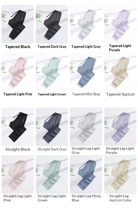 Women’s anti-mosquito casual athletic trousers feature tapered and straight leg styles in solid colors including black gray pink green blue purple and apricot.