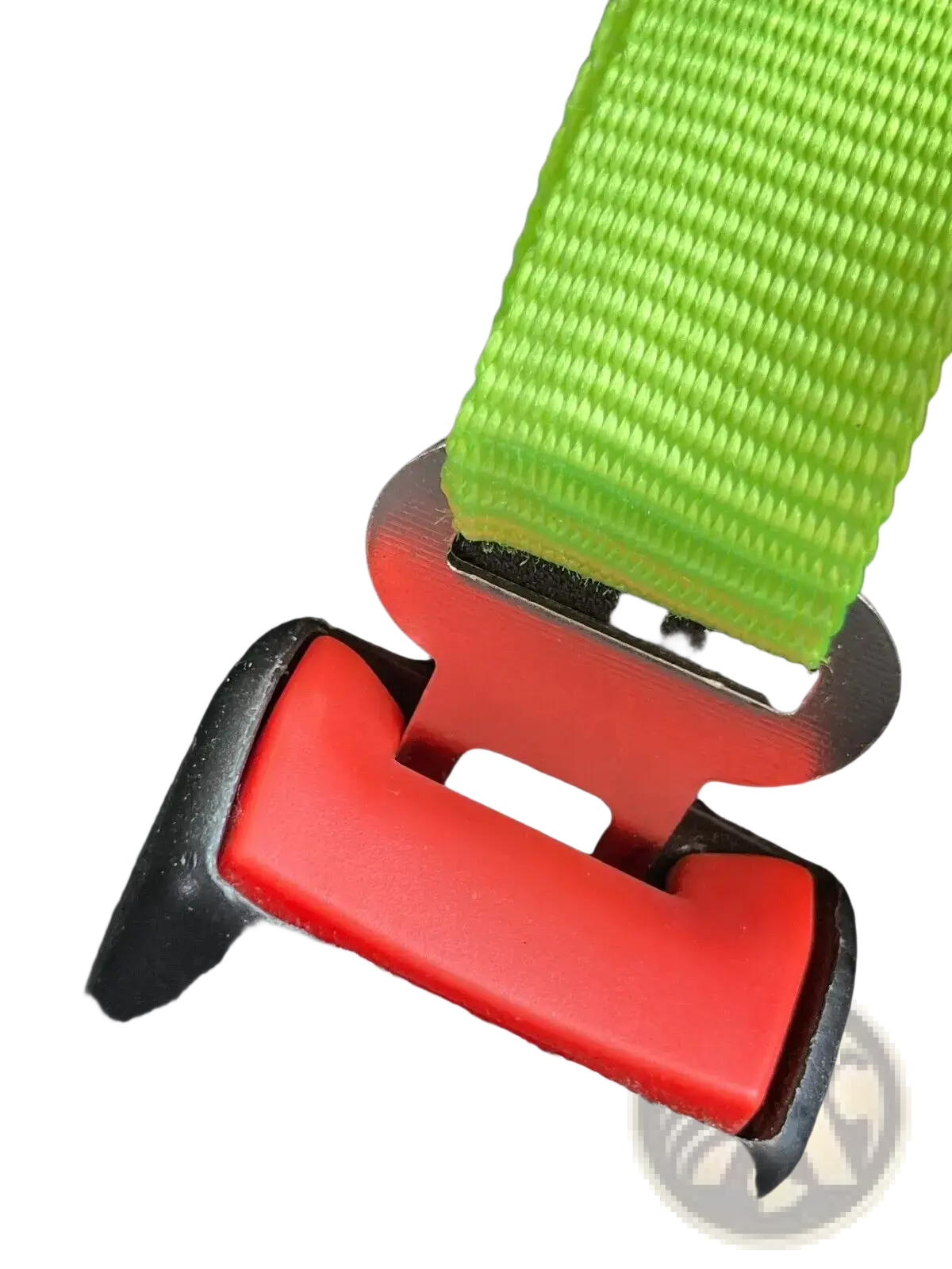 Bright green webbing strap with red and black plastic buckle for cab lok motorhome seat strap fiat ducato boxer relay