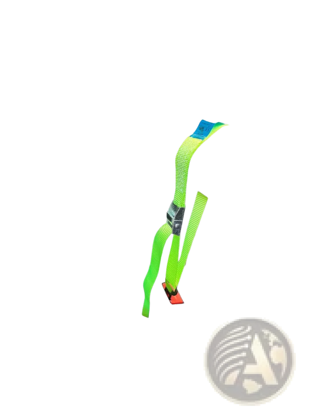 Bright neon green Cab Lok motorhome seat strap with black buckle and red release securing equipment in Fiat Ducato Boxer Relay