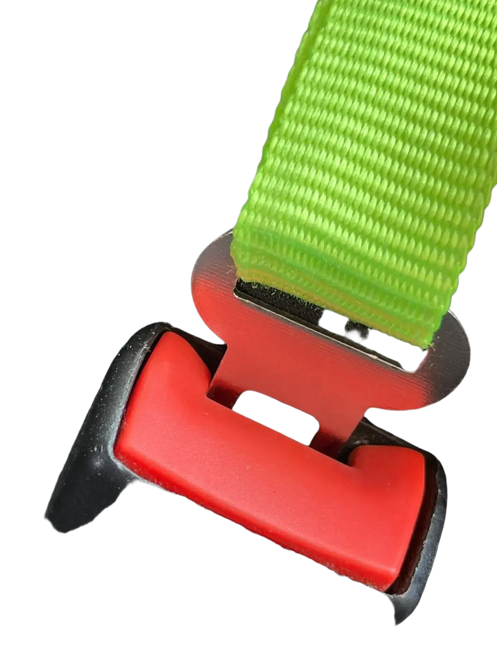 Bright green webbing strap with red and black plastic buckle for cab lok motorhome seat strap fiat ducato boxer relay