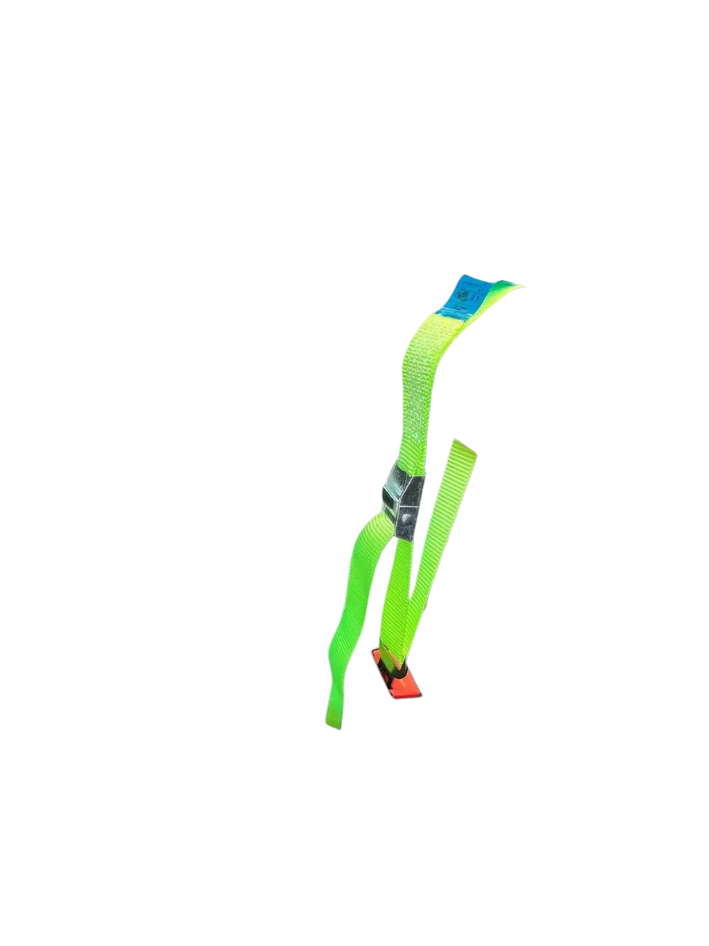 Bright neon green Cab Lok motorhome seat strap with black buckle and red release securing equipment in Fiat Ducato Boxer Relay