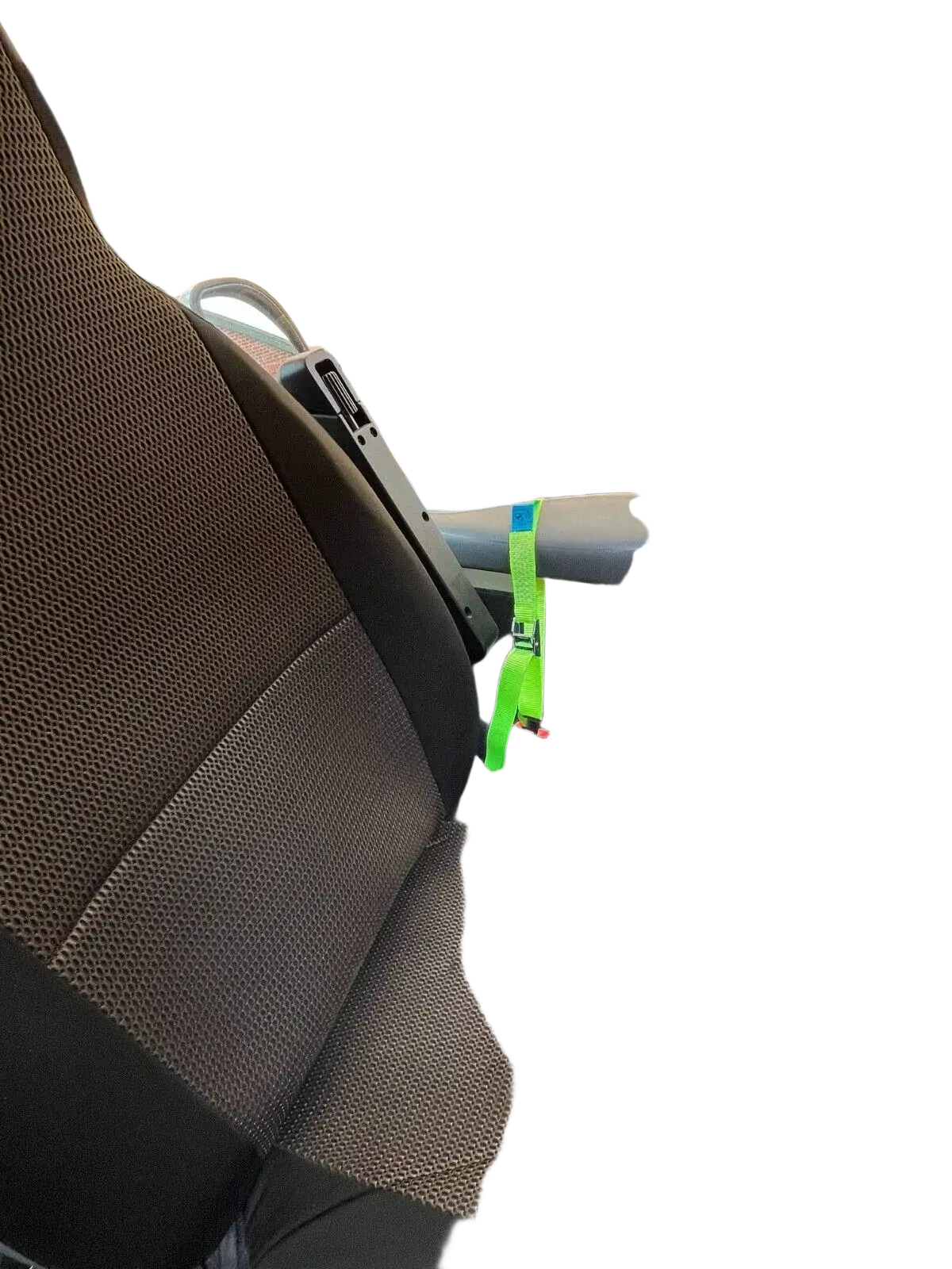 Brown mesh fabric motorhome seat with black trim and bright green safety strap for cab lok fiat ducato boxer relay