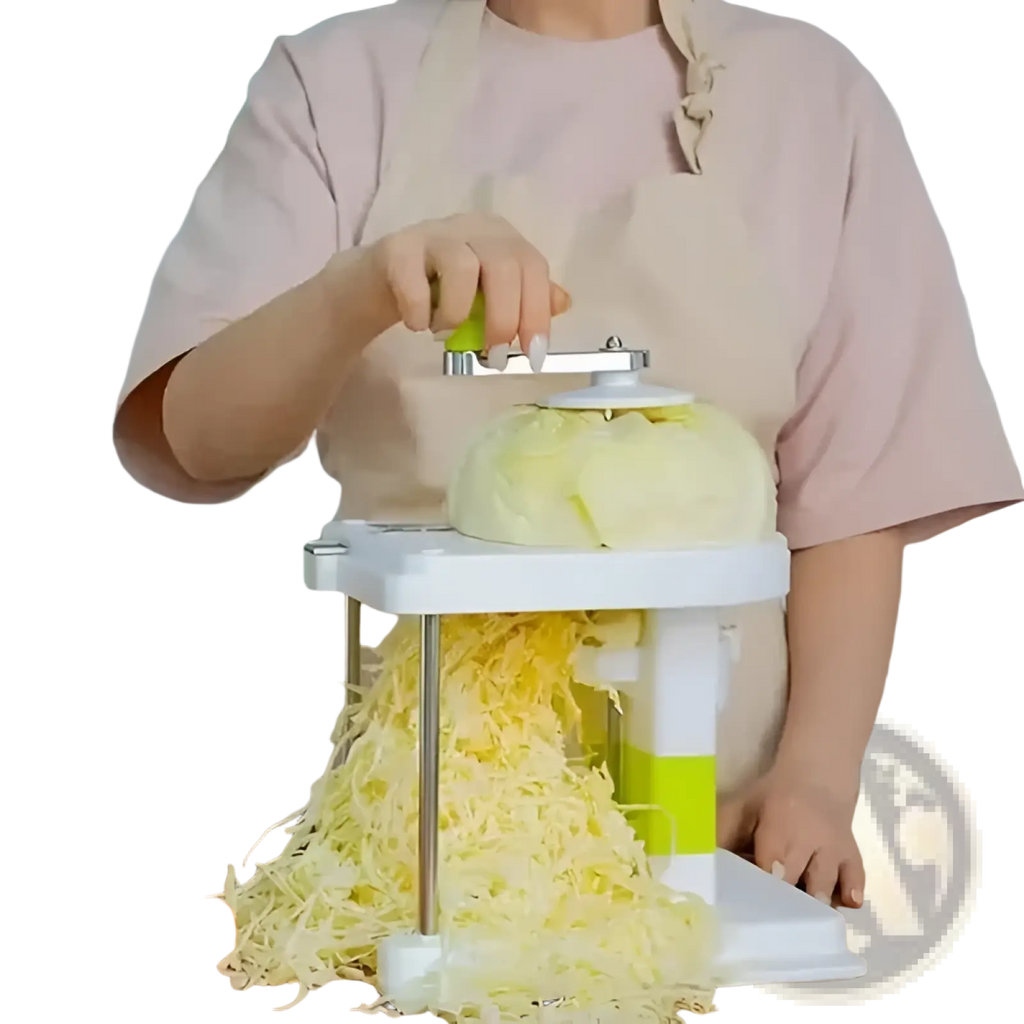 White and lime green stainless steel cabbage shredder vegetable slicer with rotating handle for shredding cabbage