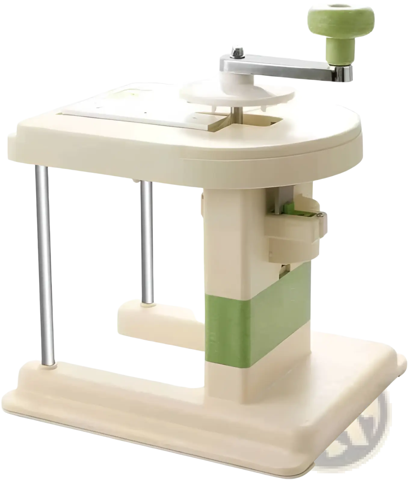 Cream-colored plastic cabbage shredder with a green handle and metallic crank for stainless steel vegetable slicing