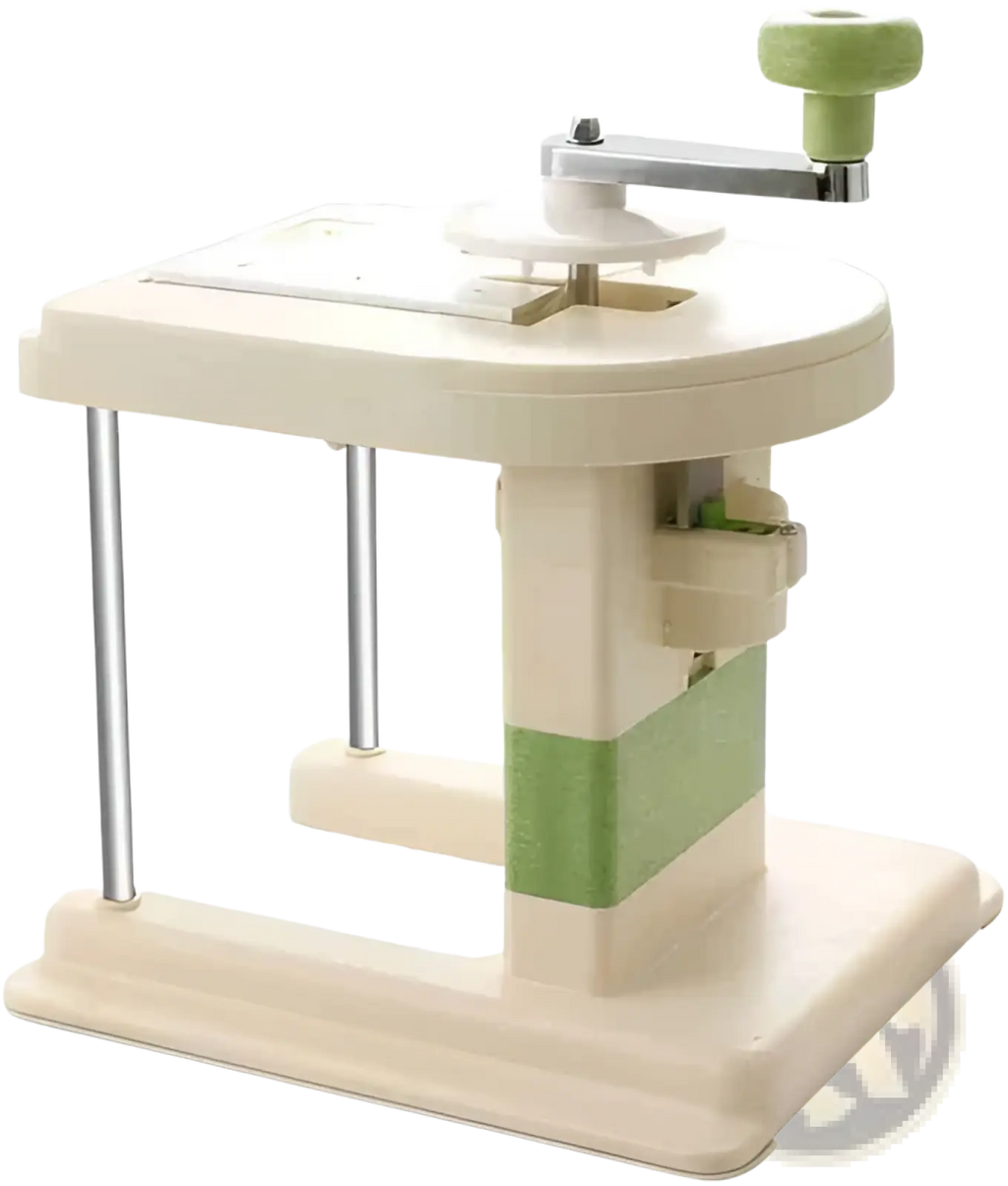 Cream-colored and light green plastic cabbage shredder with stainless steel crank handle for vegetable slicing and peeling