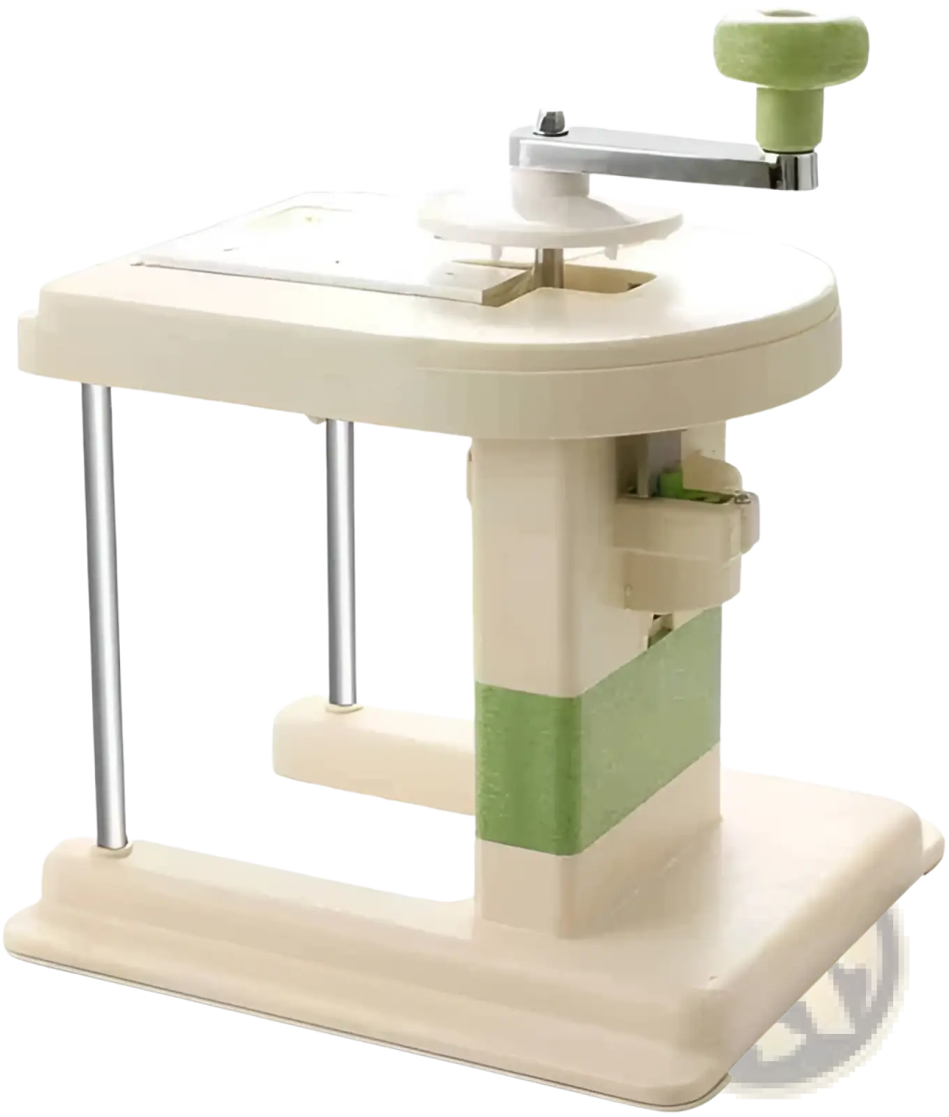 Cream-colored and light green plastic cabbage shredder with stainless steel crank handle for vegetable slicing and peeling