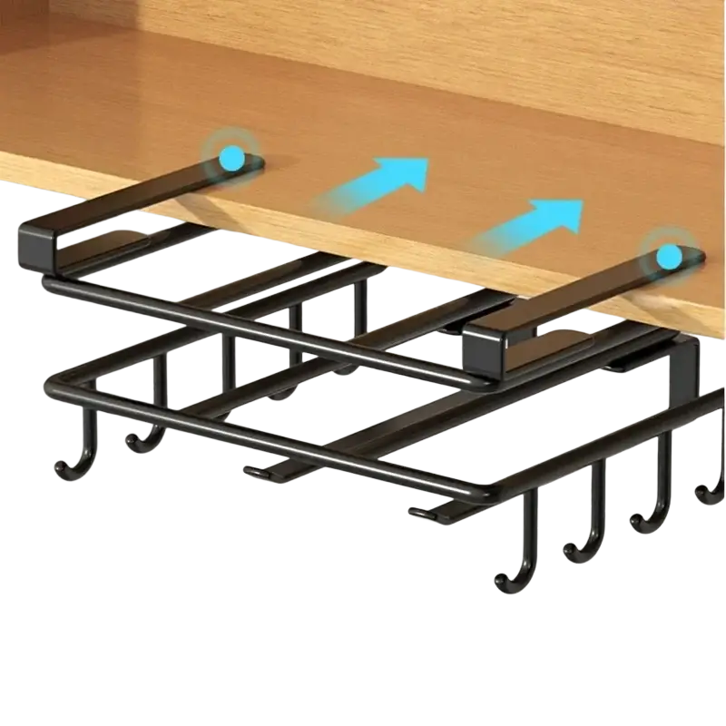 Black metal under-shelf cabinet hanging kitchen rack with multiple hooks for pot lids and cutting boards storage