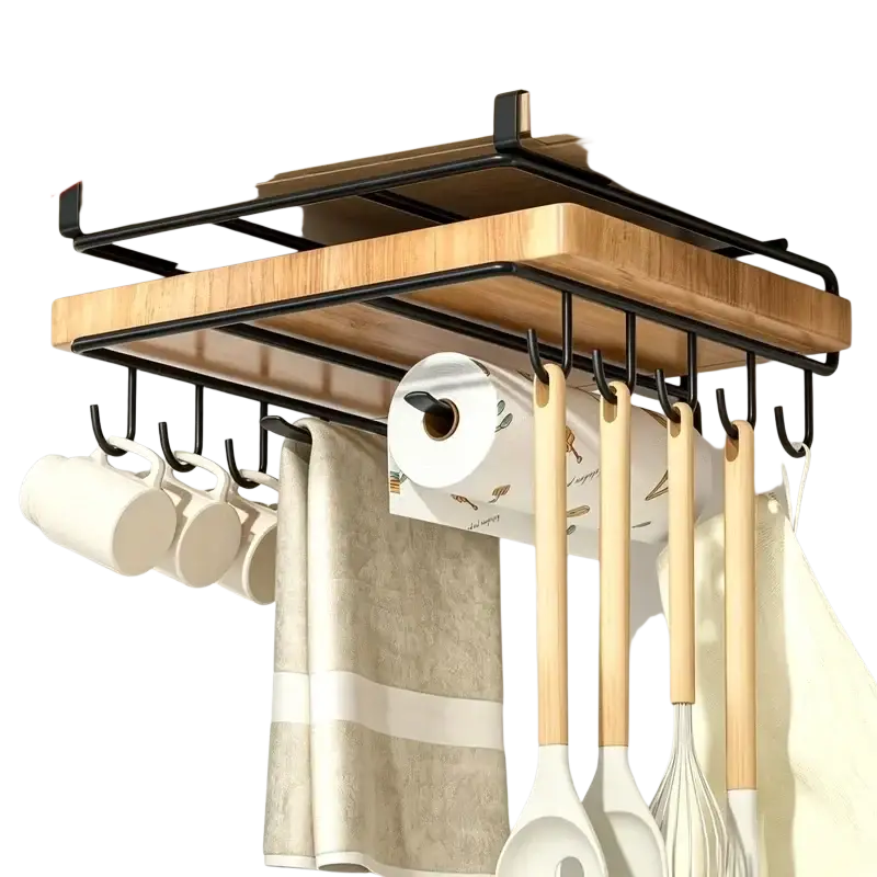 Black metal and light wood cabinet hanging kitchen rack with hooks for pot lids towels utensils and paper towel roll