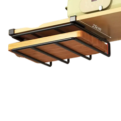 Black metal and wood cabinet hanging kitchen rack with minimalist design for storing pot lids and cutting boards