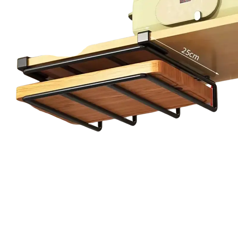 Black metal and wood cabinet hanging kitchen rack designed for organizing pot lids and cutting boards with a minimalist design