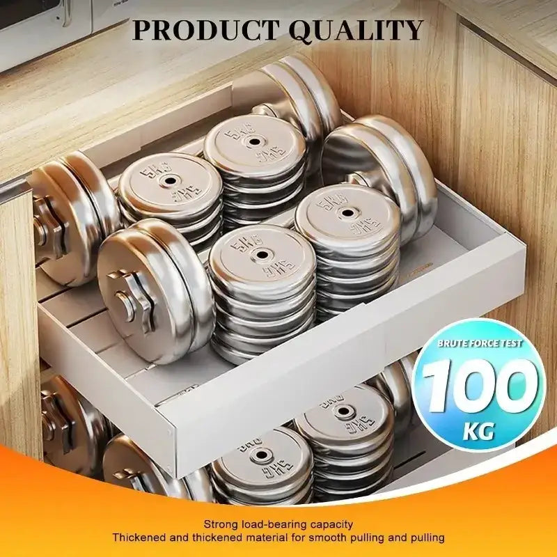 Stainless steel dumbbells with engraved weight markings inside a silver cabinet organizer expandable pull out sliding basket