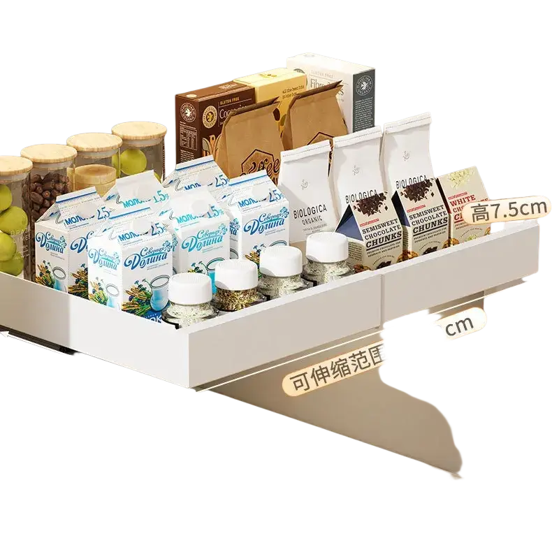 White pull-out cabinet organizer tray with adjustable width and smooth sliding mechanism for kitchen storage