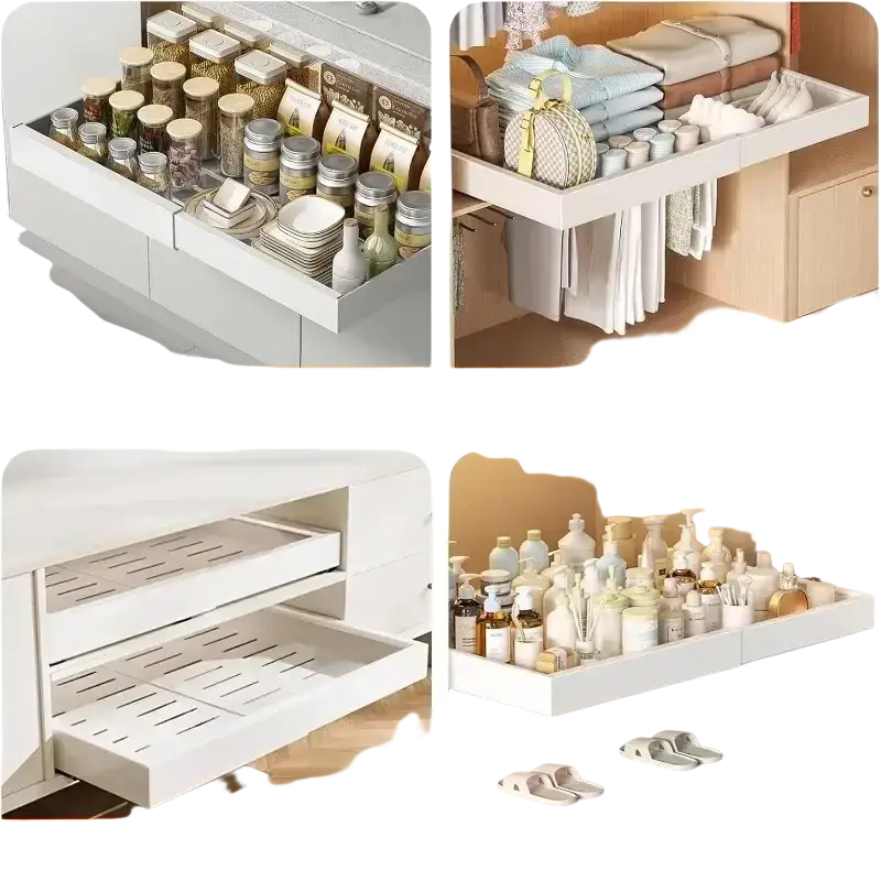 White expandable pull out sliding basket cabinet organizer for kitchen wardrobe tv bench and bathroom use