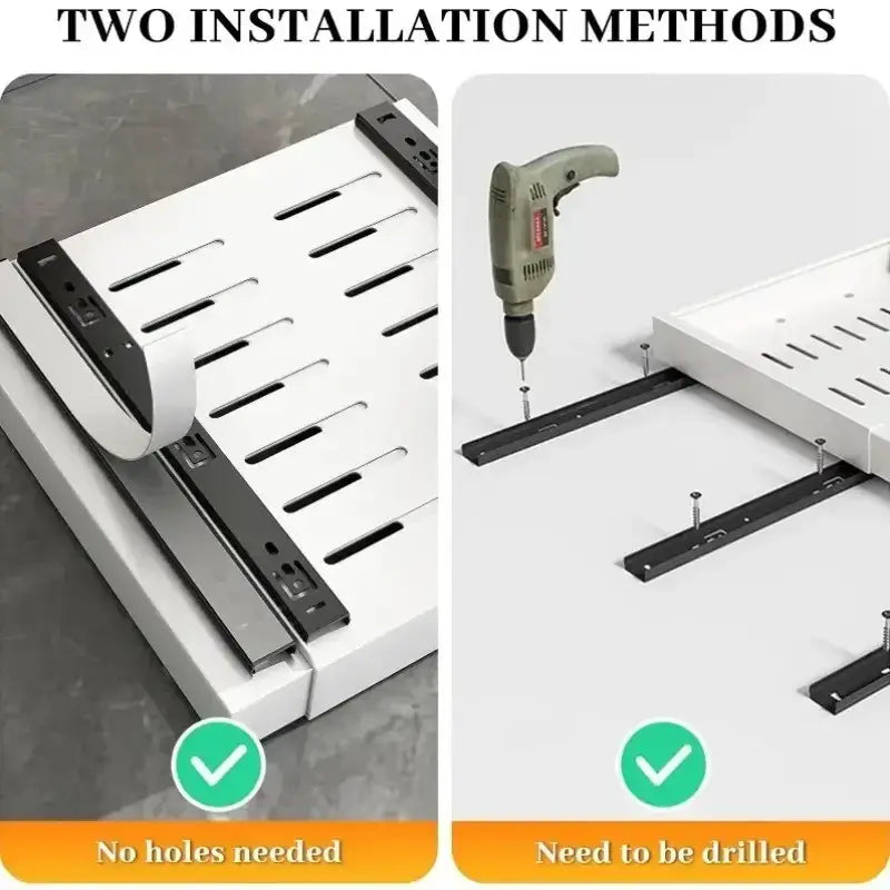 White metal shelf bracket with black adjustable mounting rails for expandable pull out sliding basket cabinet organizer