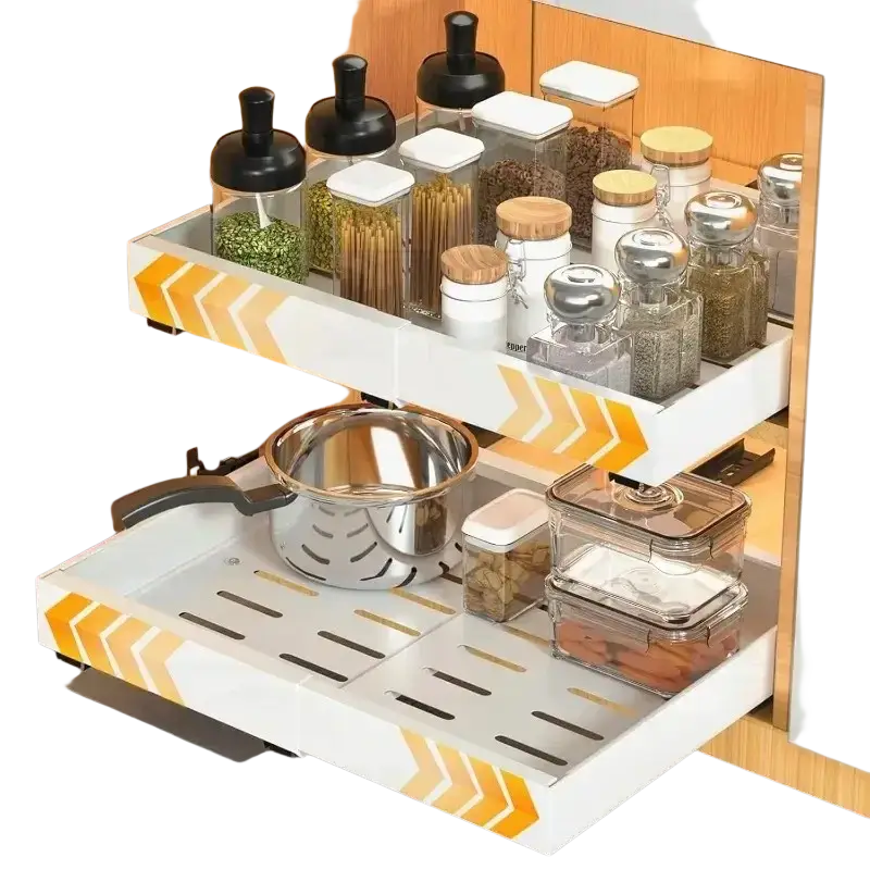 White and yellow chevron-patterned expandable pull out cabinet organizer with two tiers holding jars and pots