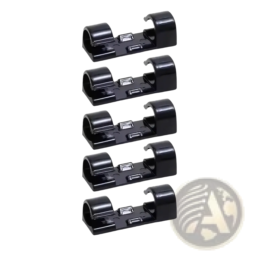 Black plastic cable clips with curved openings and rectangular slots for wire organization 60-piece set