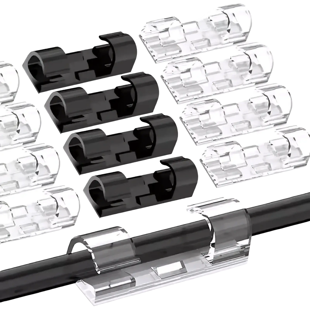 Set of 60 black and clear plastic cable clips for organizing and securing wires neatly