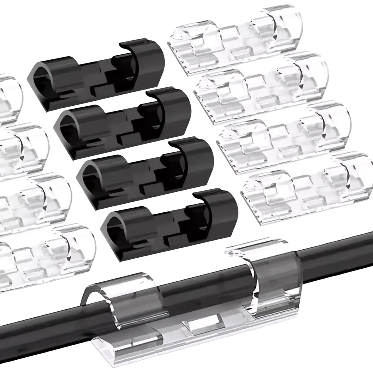 Set of 60 black and clear plastic cable clips for organizing and securing wires neatly