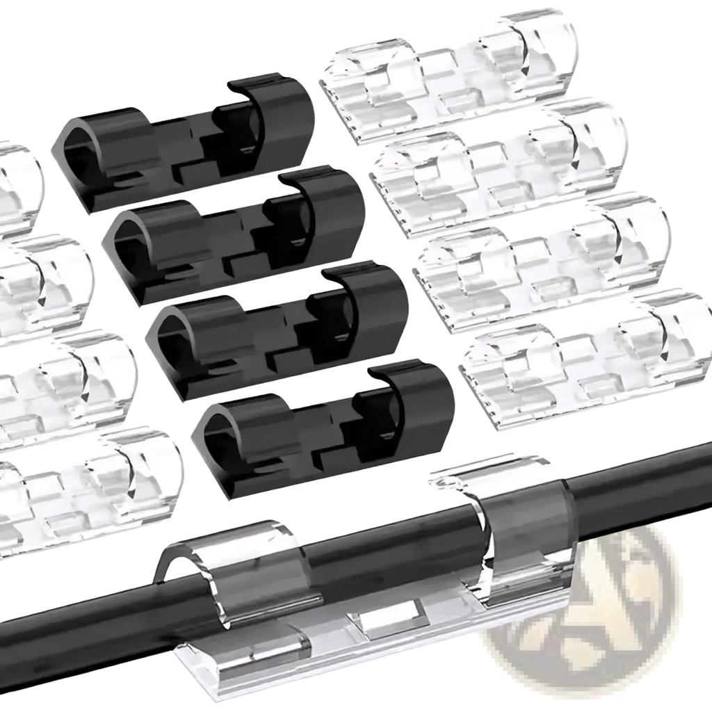 Set of 60 black and clear plastic cable clips for organizing and securing wires neatly