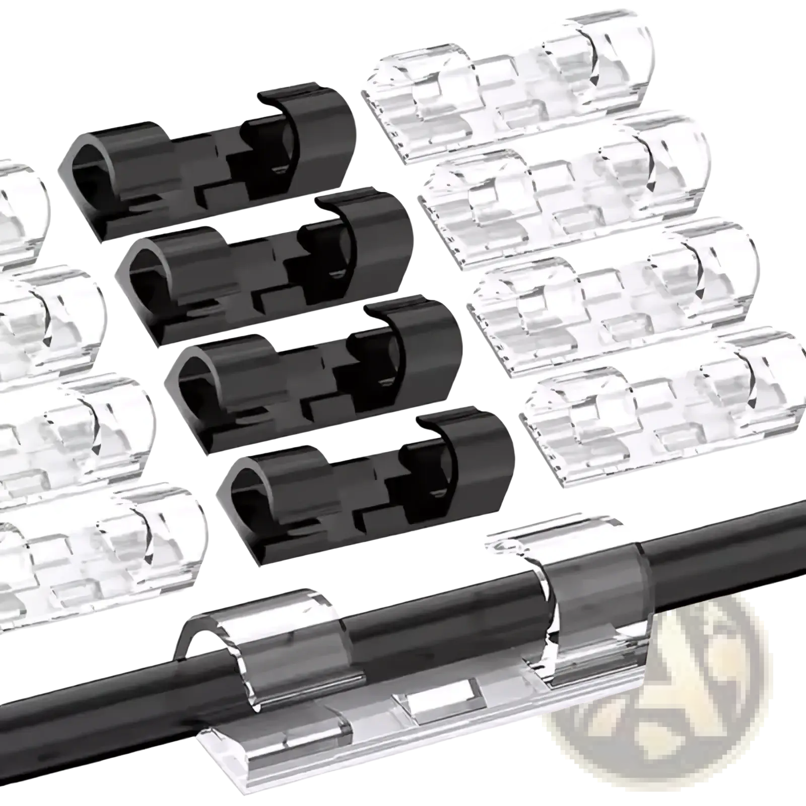 Set of 60 black and clear plastic cable clips for organizing and securing wires neatly