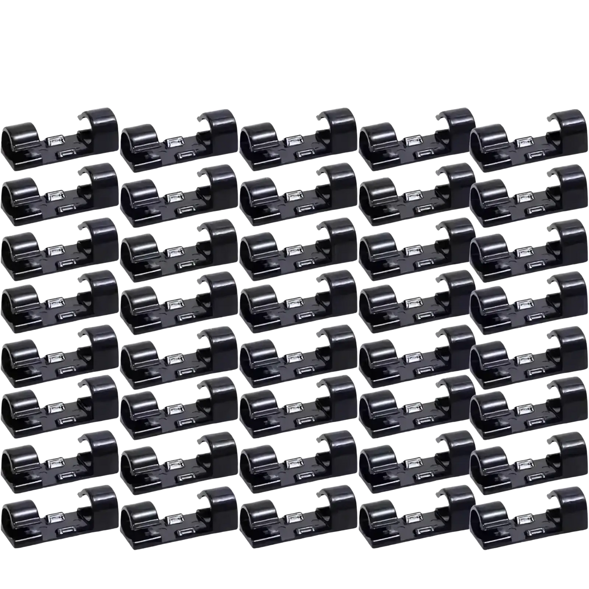 Black plastic cable clips organizer 60-piece set neatly arranged in rows for efficient cable management