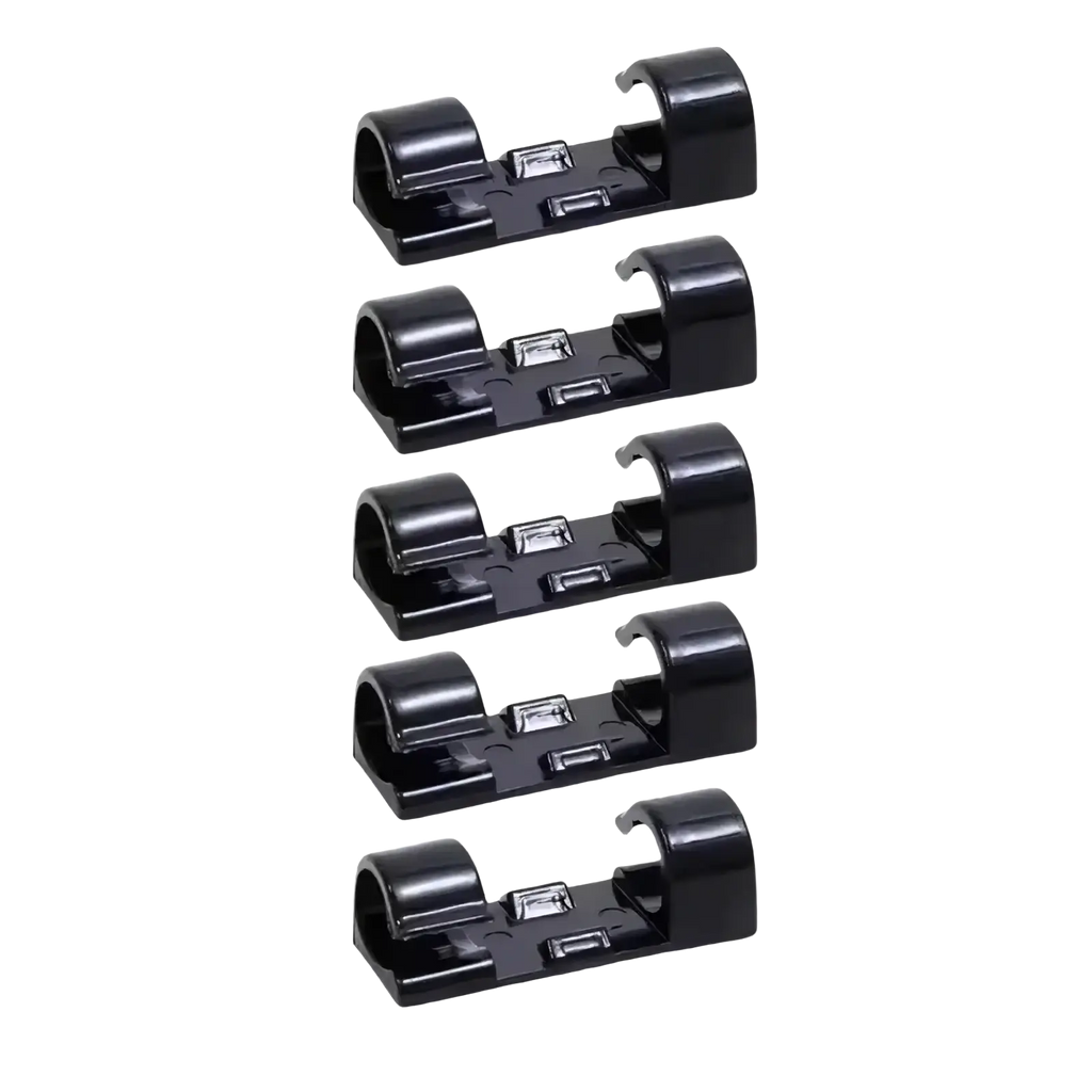 Black plastic cable clips with curved openings and rectangular slots for wire organization 60-piece set