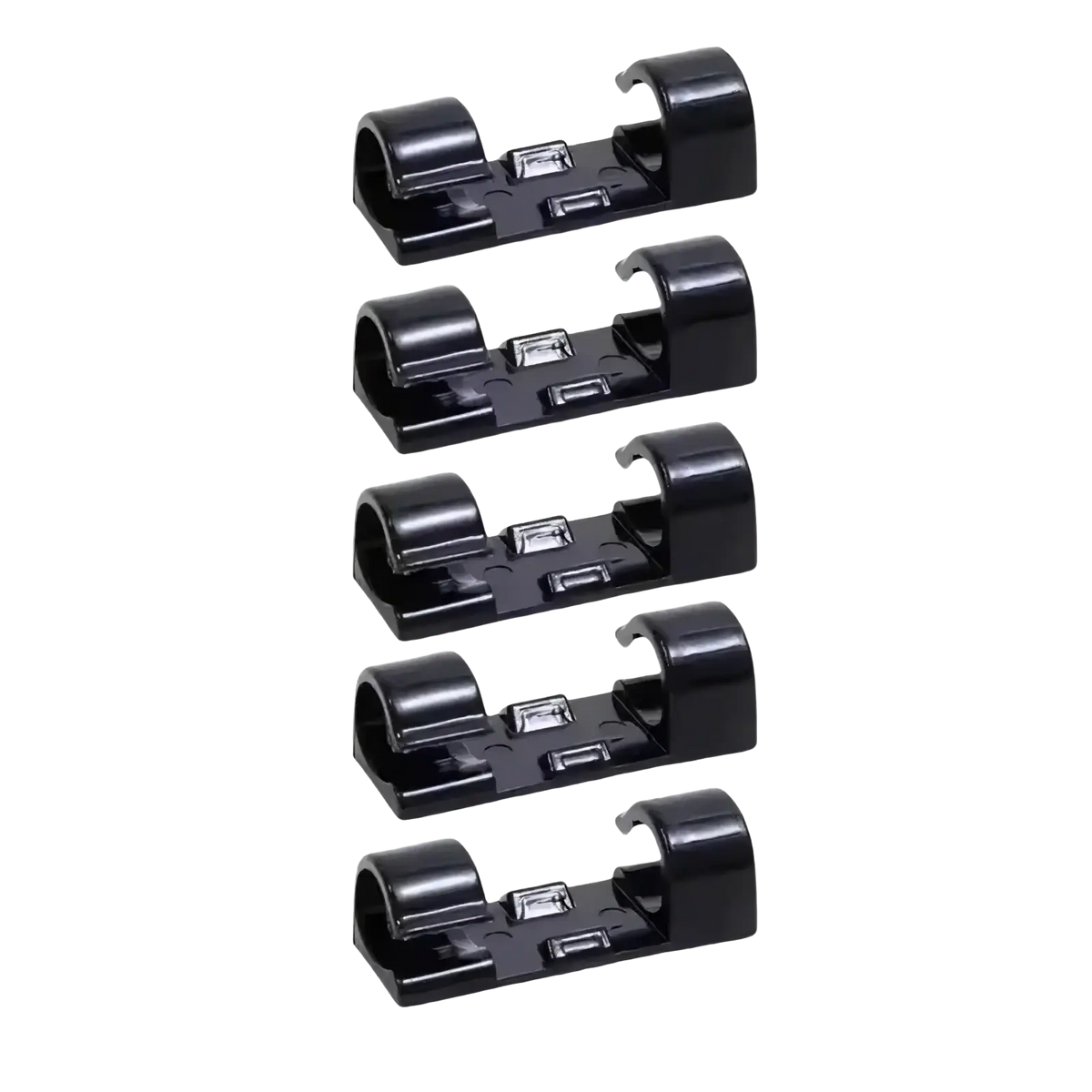 Black plastic cable clips with curved openings and rectangular slots for wire organization 60-piece set
