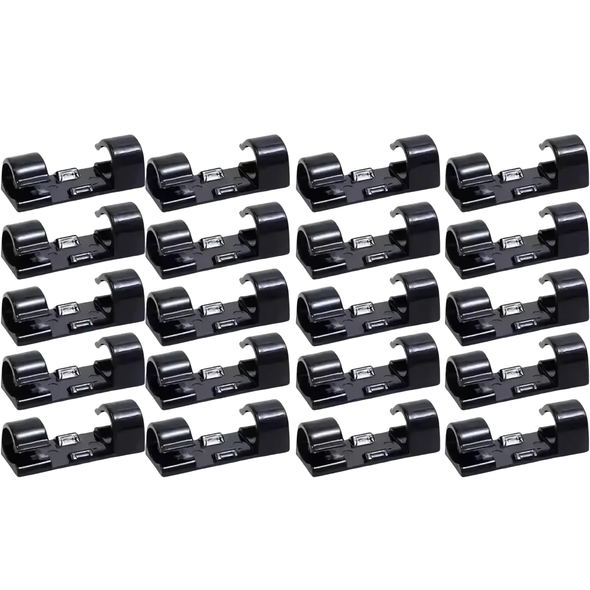 Black plastic cable clips organizer 60-piece set arranged in neat rows for efficient cable management