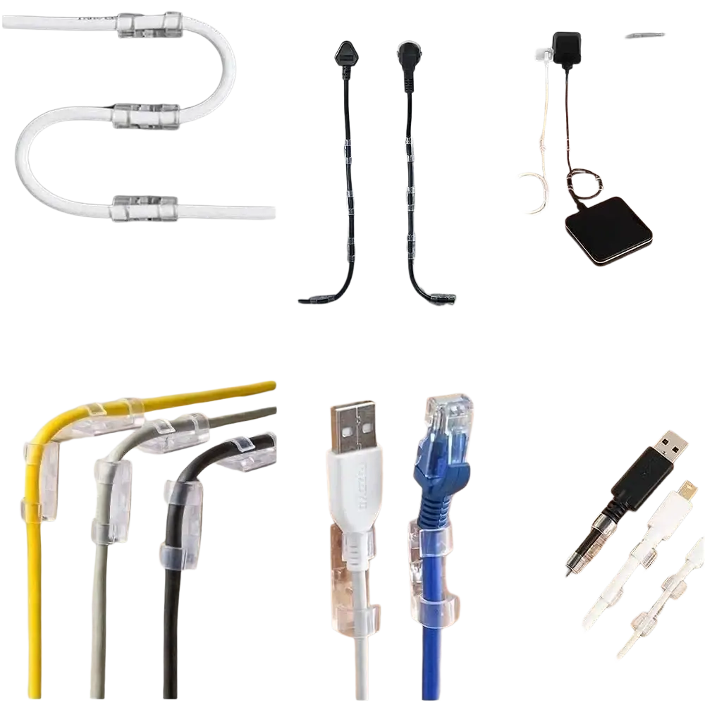 Clear plastic cable clips organizer 60-piece set with transparent flexible bands holding multicolored cables