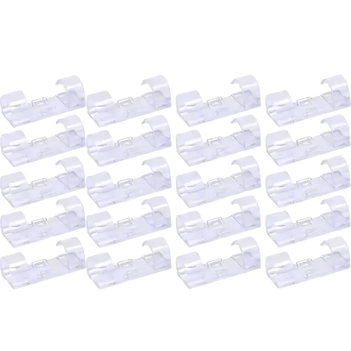Clear plastic cable ties in a 20 piece set included in a cable clips organizer 60 piece set for cable management