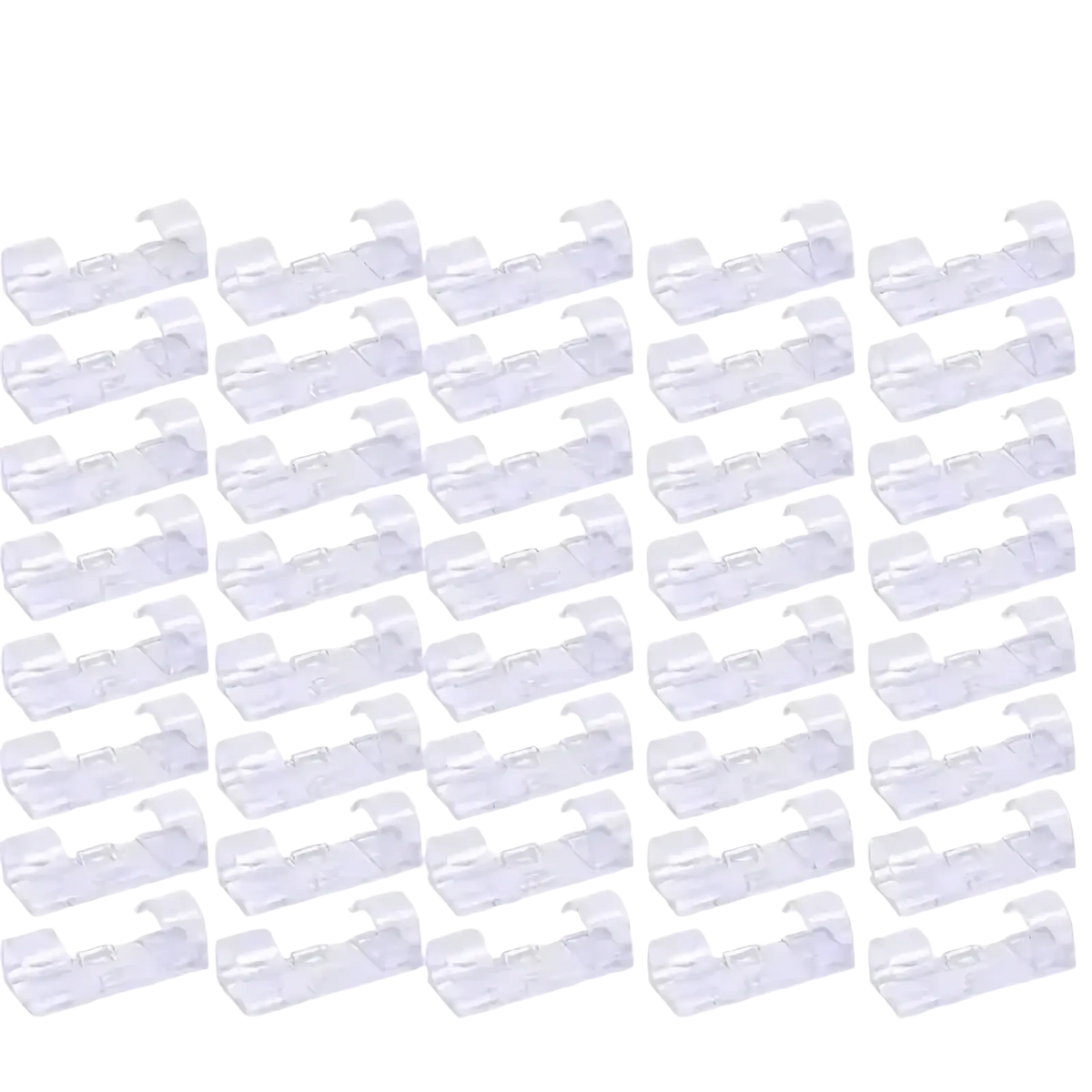 Clear plastic cable clips 40 pieces from a 60-piece cable clips organizer set for cable management and organization