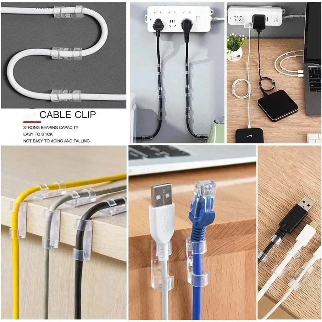 Clear plastic cable clips organizer 60-piece set with transparent flexible bands holding multicolored cables