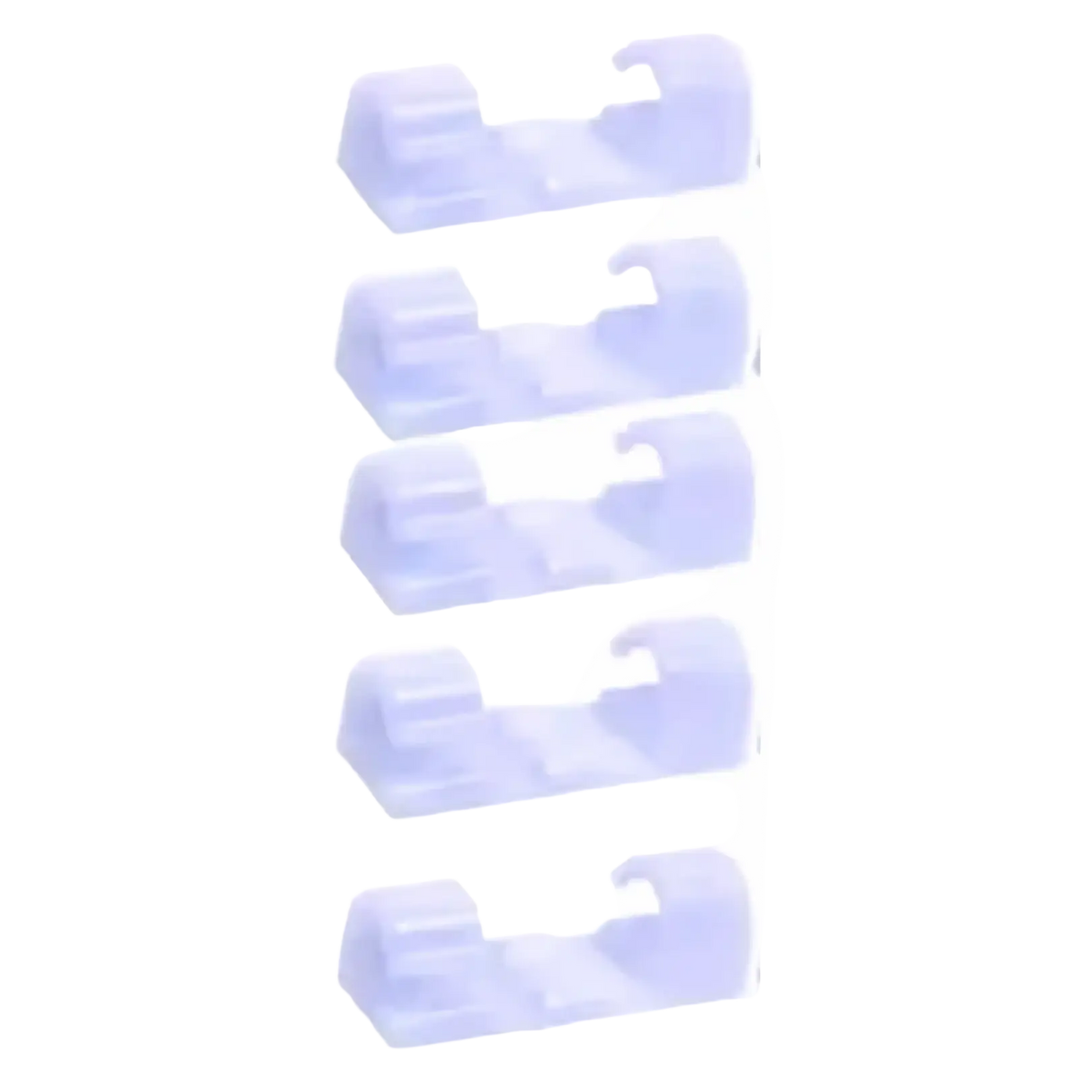 Five translucent white plastic cable clips from a cable clips organizer 60-piece set for cable management