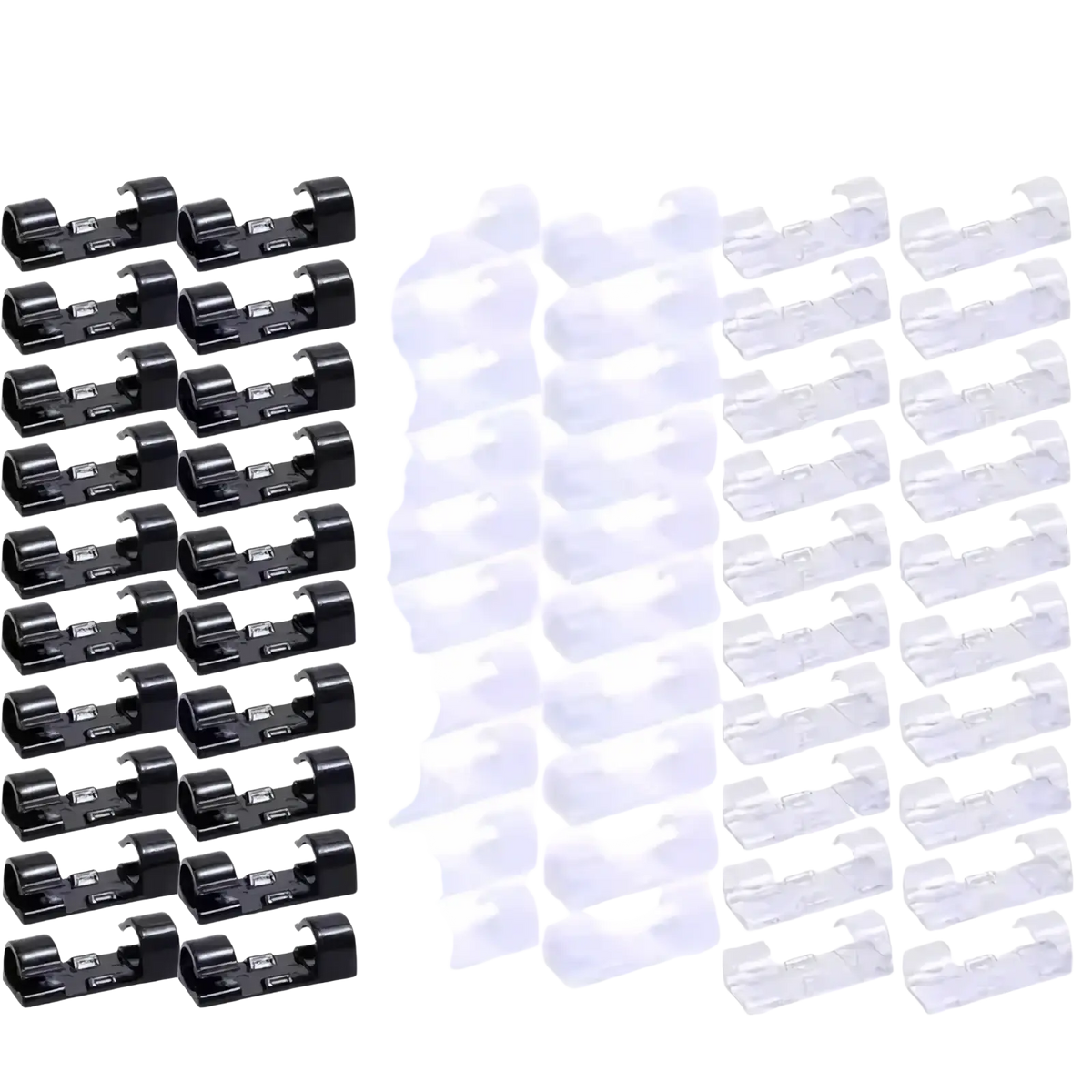 Set of 60 plastic cable clips in black white and clear for organizing and securing cables and wires