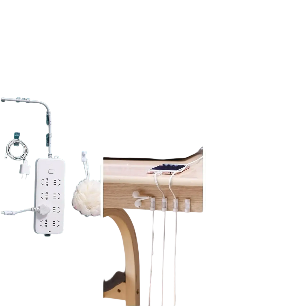 White plastic power strip with multiple outlets and integrated cable clips for organized home office or car use