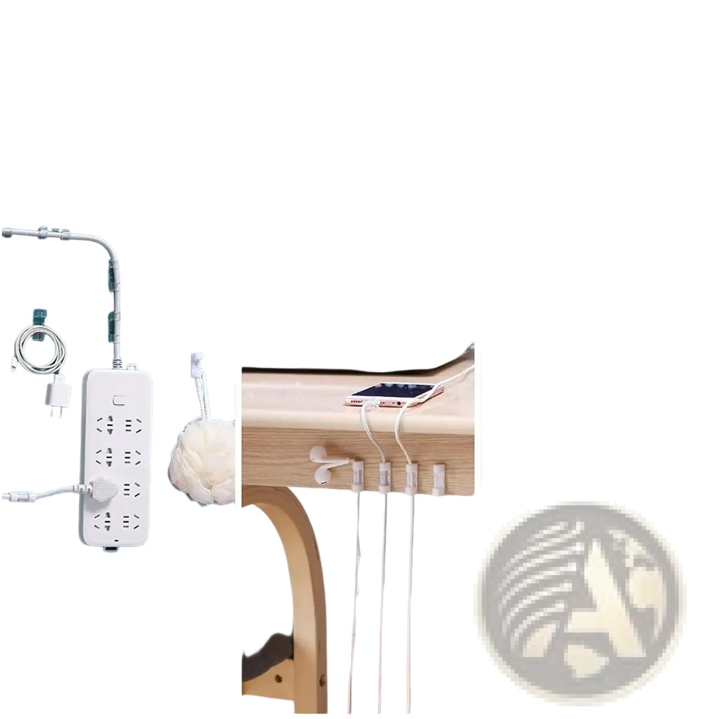 White plastic power strip with multiple outlets and integrated cable clips for organized home office or car use