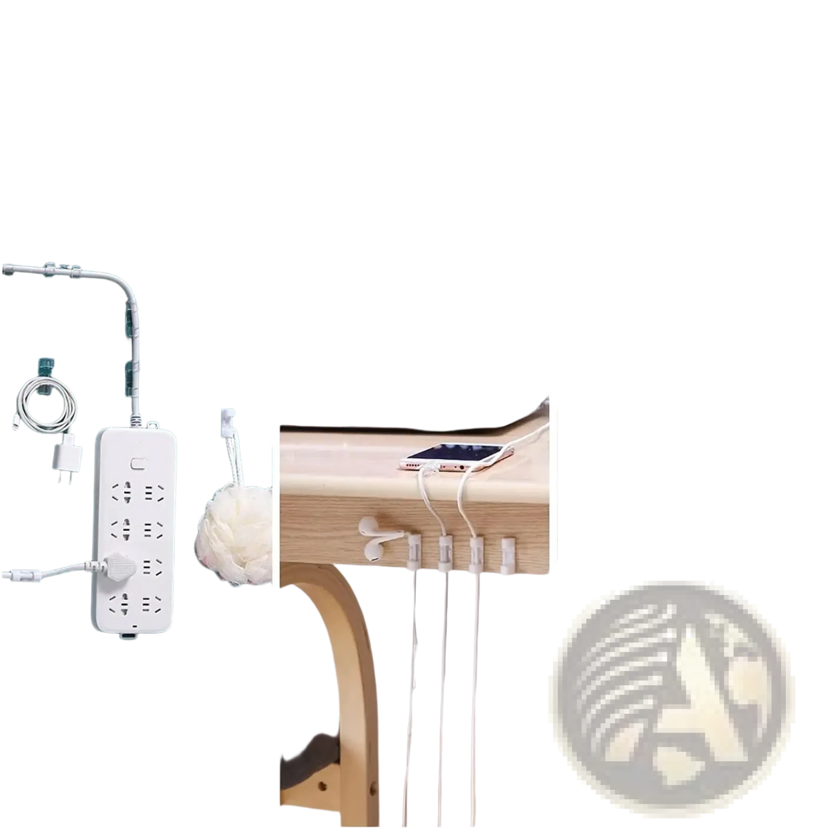 White plastic power strip with multiple outlets and integrated cable clips for organized home office or car use