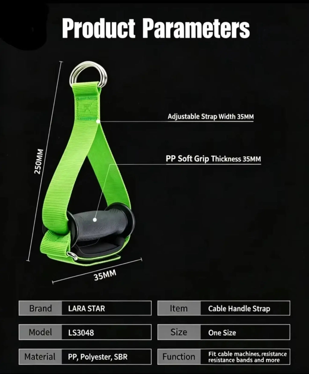 Bright green adjustable cable fly attachment gym handle strap with black pp grip model ls3048 by lara star