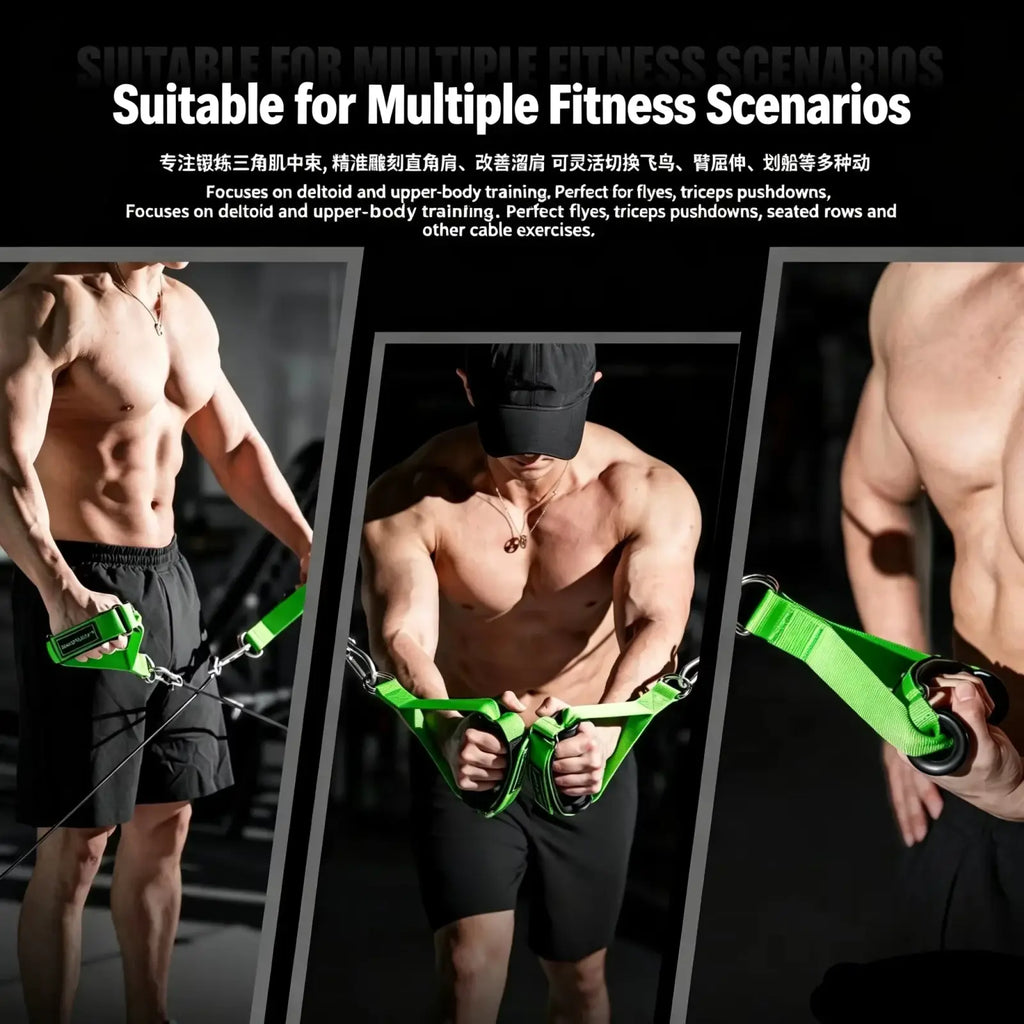 Bright green cable fly attachment adjustable gym handle strap with black metal attachments for upper-body workouts