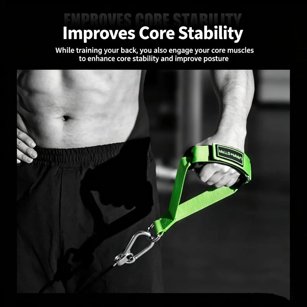 Bright green cable fly attachment gym handle strap with black grip and metal carabiner for adjustable resistance training