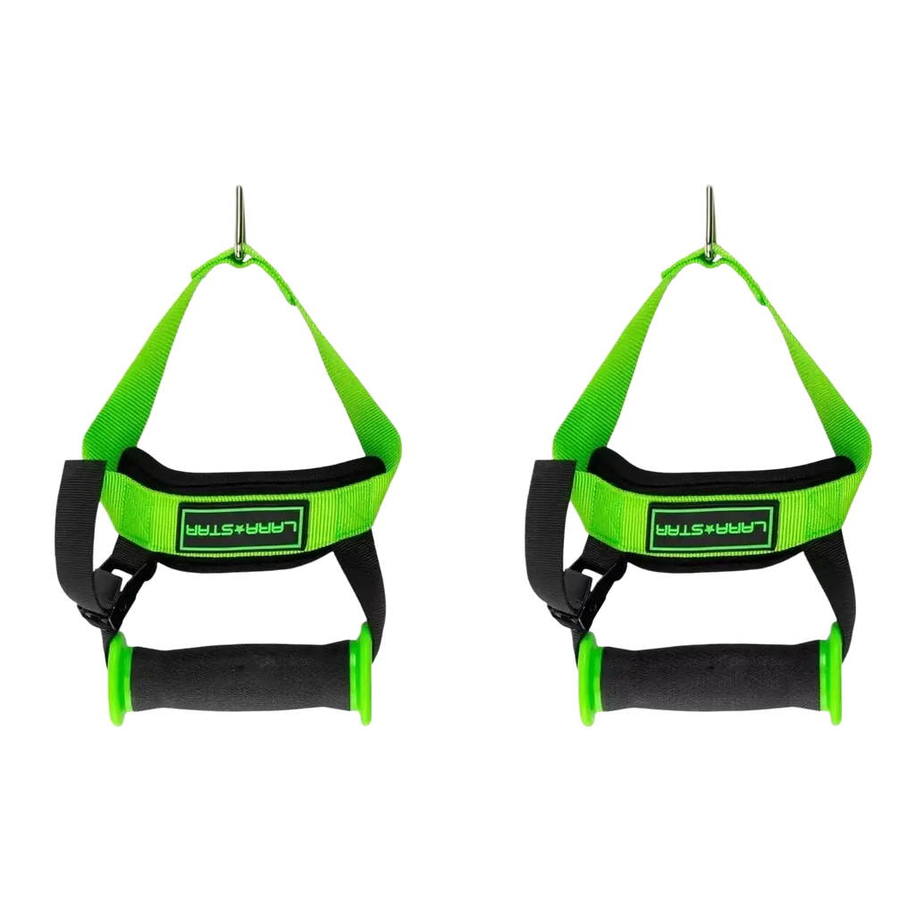 Bright green and black larastar pull-up assist handles with ergonomic grips for adjustable cable fly gym attachment strap