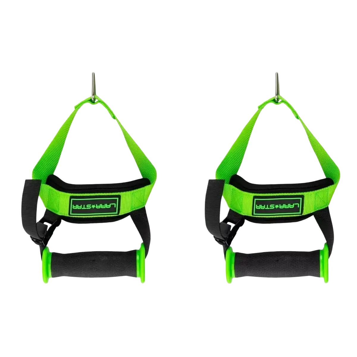 Bright green and black larastar pull-up assist handles with ergonomic grips for adjustable cable fly gym attachment strap