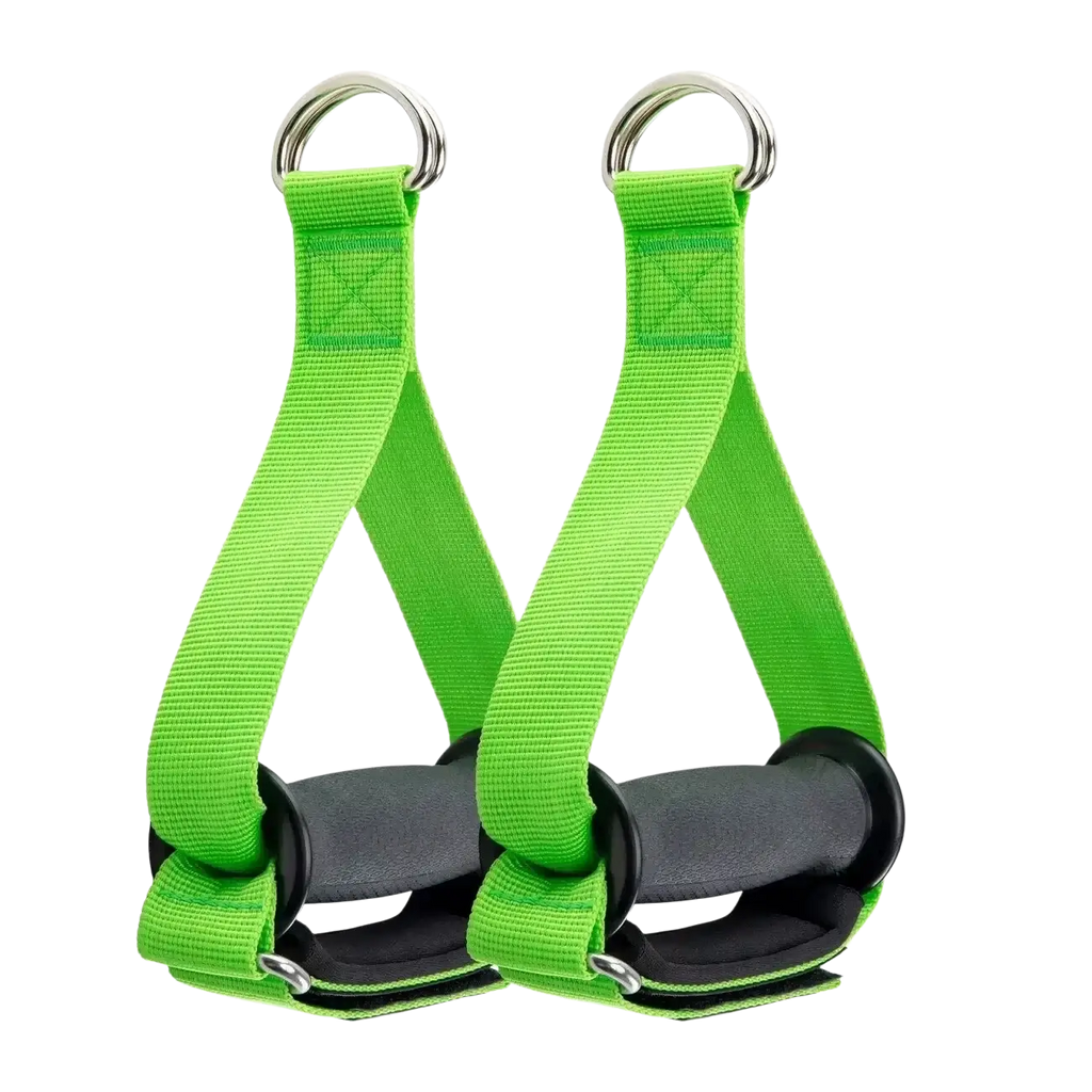Cable fly attachment adjustable gym handle strap with bright green fabric straps black padded handles and silver metal rings