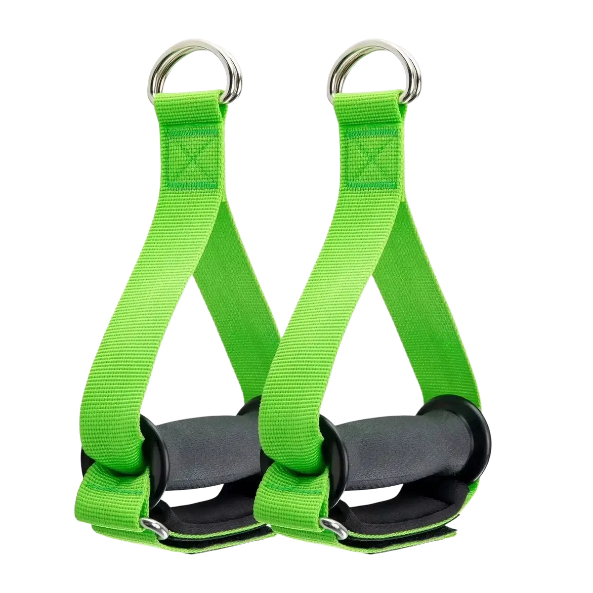 Cable fly attachment adjustable gym handle strap with bright green fabric straps black padded handles and silver metal rings