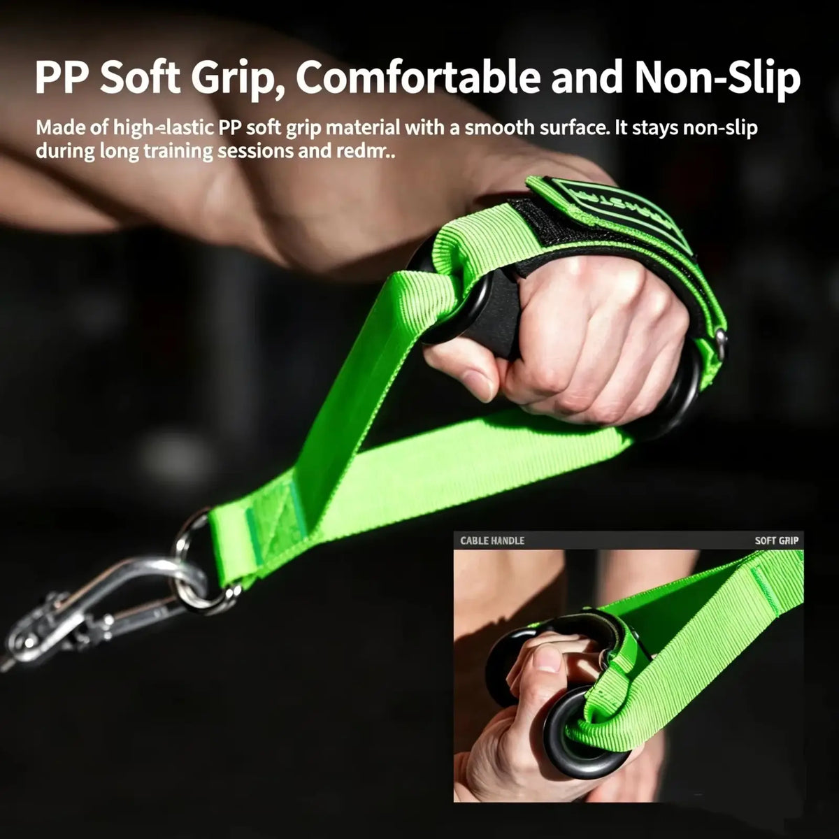 Cable fly attachment adjustable gym handle strap with bright green high-elastic pp grip and silver carabiner clip