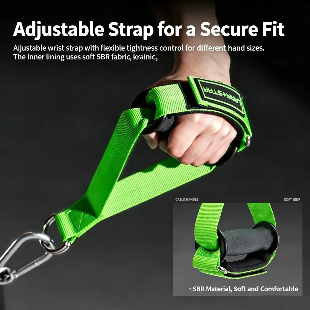 Bright green adjustable gym handle strap with soft SBR lining and black cable handle for secure grip cable fly attachment